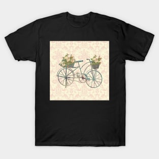 Floral Print Farmhouse Bicycle & Baskets of Flowers Gardener Damask Gift T-Shirt